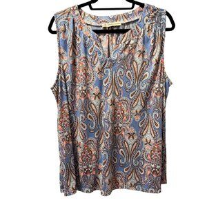 FLT Studio Womens Sleeveless Paisley Print Blouse Sz 2XL Blue/Orange Polyester